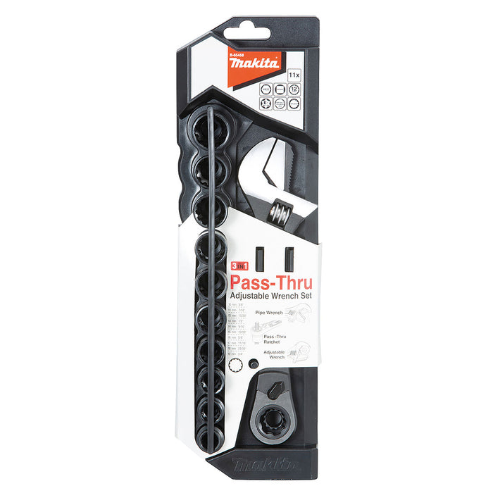 Bộ mỏ lết và đầu tuýp xuyên tâm 11 chi tiết Makita B-65458 cốt 3/8 inch, kích thước từ 10mm - 19mm