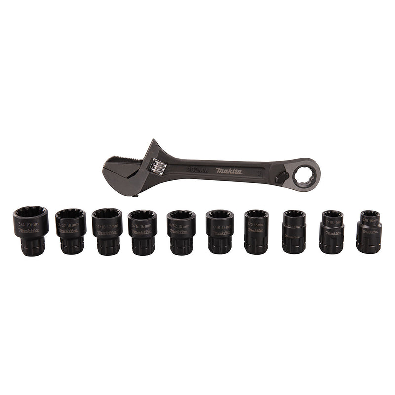 Bộ mỏ lết và đầu tuýp xuyên tâm 11 chi tiết Makita B-65458 cốt 3/8 inch, kích thước từ 10mm - 19mm