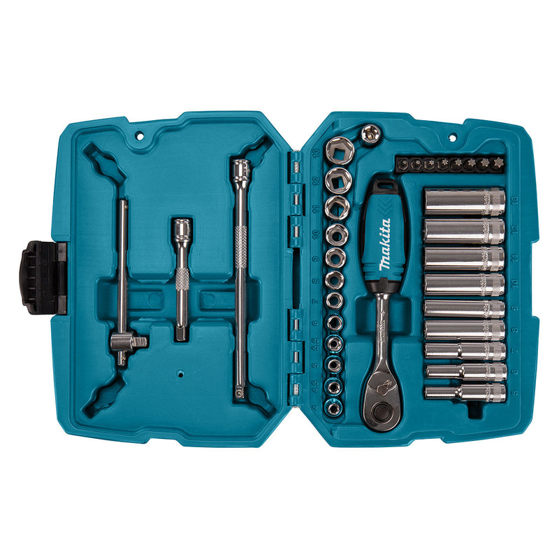 Bộ đầu tuýp và cần siết tự động 34 chi tiết Makita B-65567 cốt 1/4 inch