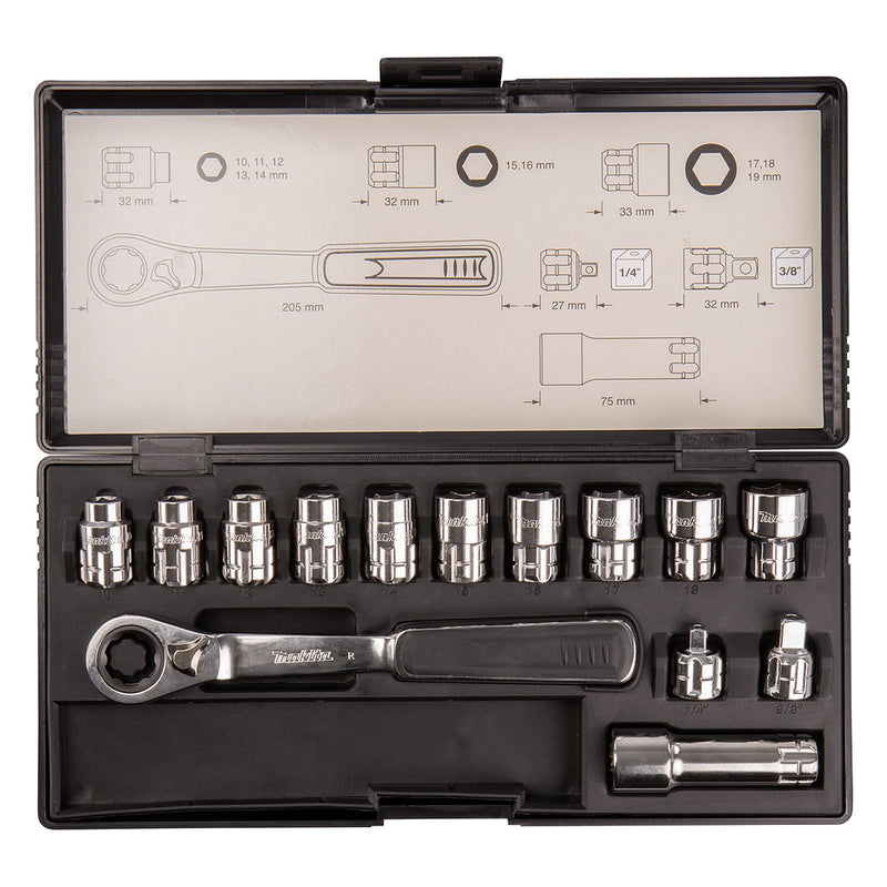 Bộ đầu tuýp và cần siết tự động xuyên tâm 14 chi tiết Makita B-65595