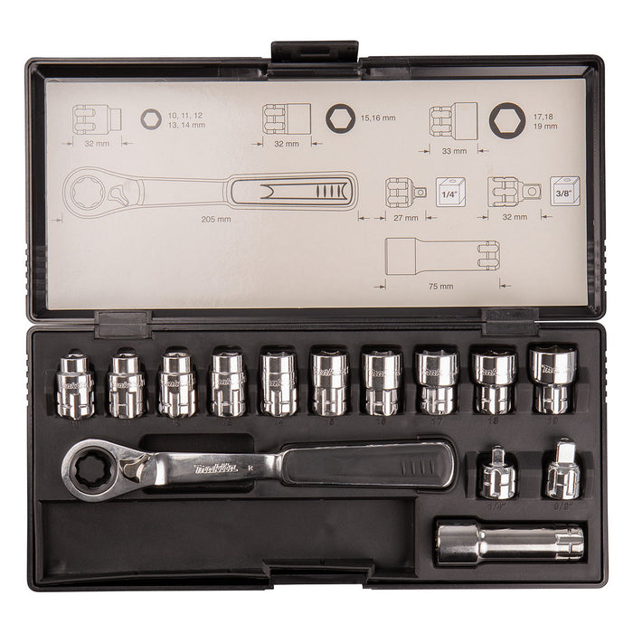 Bộ đầu tuýp và cần siết tự động xuyên tâm 14 chi tiết Makita B-65595