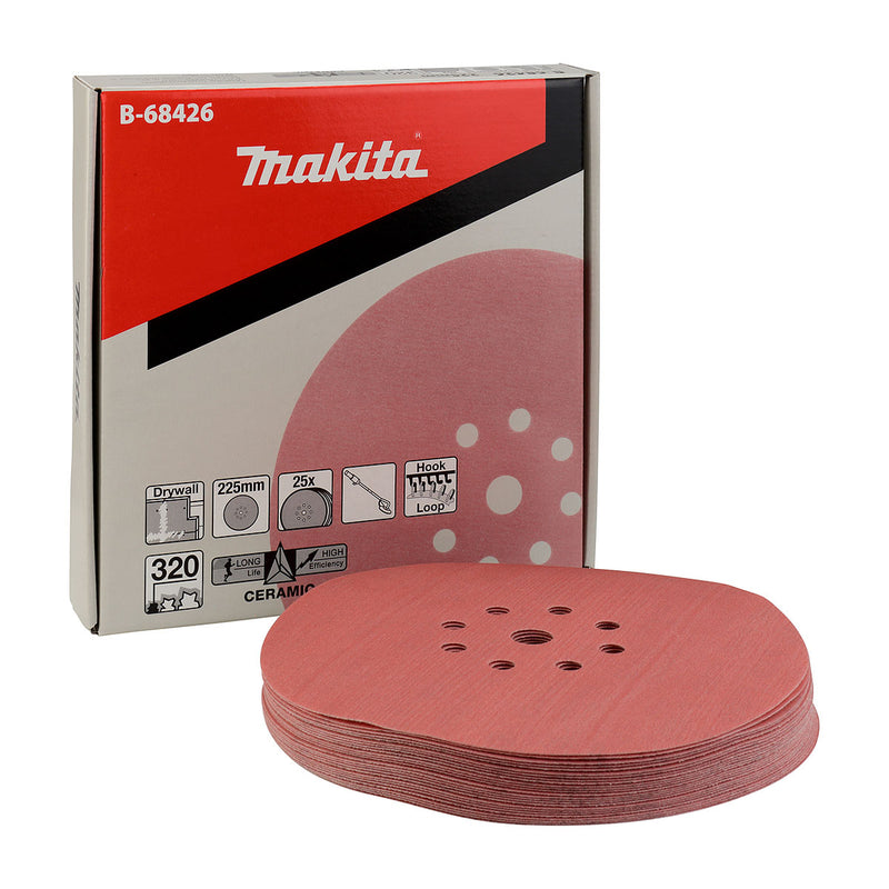 Hộp 25 giấy nhám tròn đục lỗ 225mm ( 9 inch ) Makita cho thạch cao, dùng với đế gai ( Cấp 4 sao )