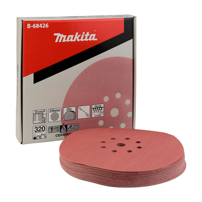 Hộp 25 giấy nhám tròn đục lỗ 225mm ( 9 inch ) Makita cho thạch cao, dùng với đế gai ( Cấp 4 sao )