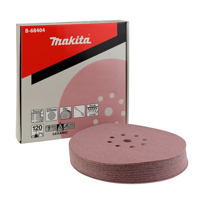 Hộp 25 giấy nhám tròn đục lỗ 225mm ( 9 inch ) Makita cho thạch cao, dùng với đế gai ( Cấp 4 sao )