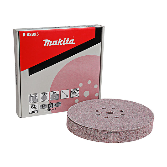 Hộp 25 giấy nhám tròn đục lỗ 225mm ( 9 inch ) Makita cho thạch cao, dùng với đế gai ( Cấp 4 sao )