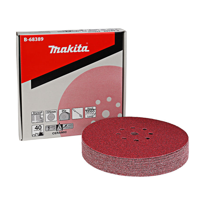 Hộp 25 giấy nhám tròn đục lỗ 225mm ( 9 inch ) Makita cho thạch cao, dùng với đế gai ( Cấp 4 sao )