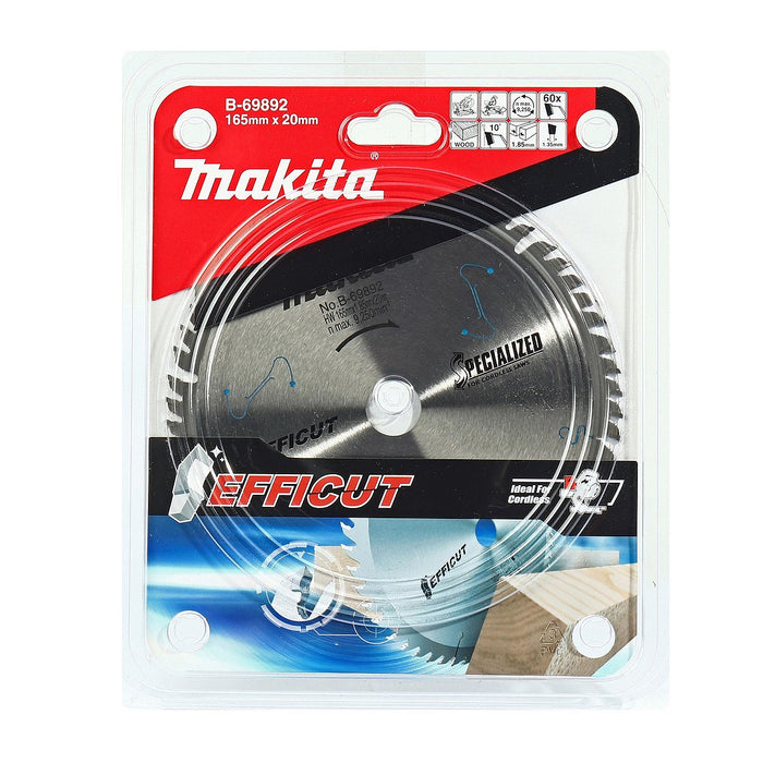 Lưỡi cưa gỗ TCT Makita B-69892 công nghệ Efficut đường kính 165mm, 60 răng kiểu ATBR lỗ cốt 20mm, dùng cho máy cưa đa góc ( Cấp 5 sao )