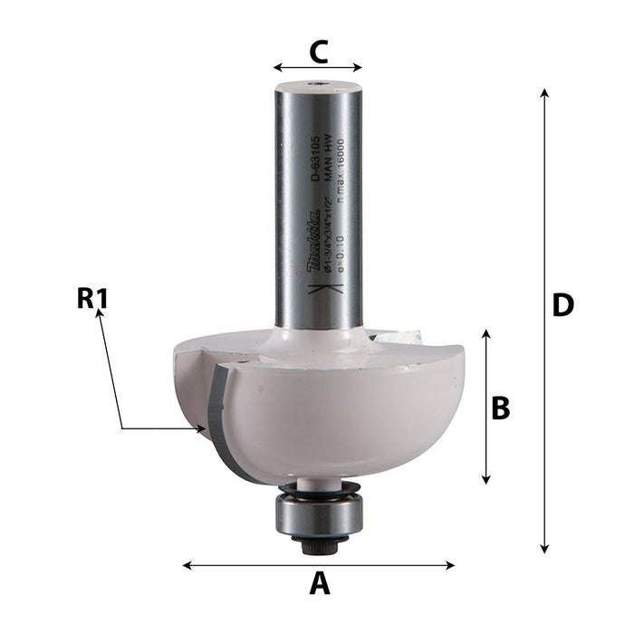 Mũi phay chỉ gỗ bo cạnh lõm có ổ bi hệ inch Makita cốt 1/4 inch, đường kính hiệu dụng từ 5/8 inch - 1-1/2 inch ( Cấp 2 sao )