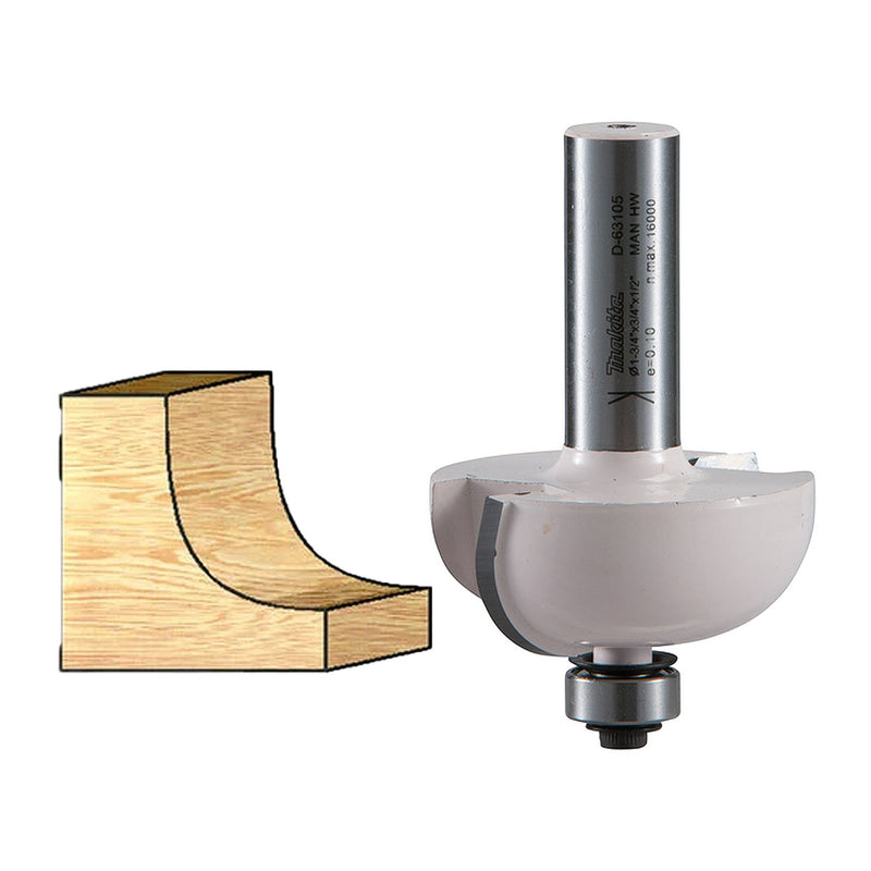 Mũi phay bo cạnh lõm có ổ bi hệ mét Makita D-09400 cốt 6mm, đường kính hiệu dụng 20mm ( Cấp 3 sao )