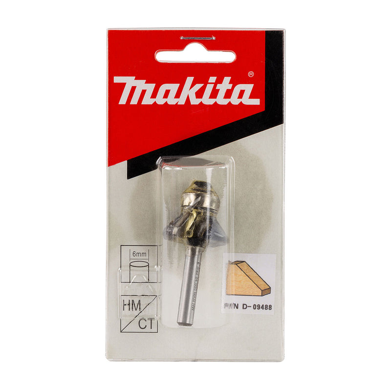 Mũi phay vát mép xiên có ổ bi hệ mét Makita cốt 6mm, đường kính hiệu dụng 23mm-26mm, góc vát từ 45°-60° ( Cấp 3 sao )