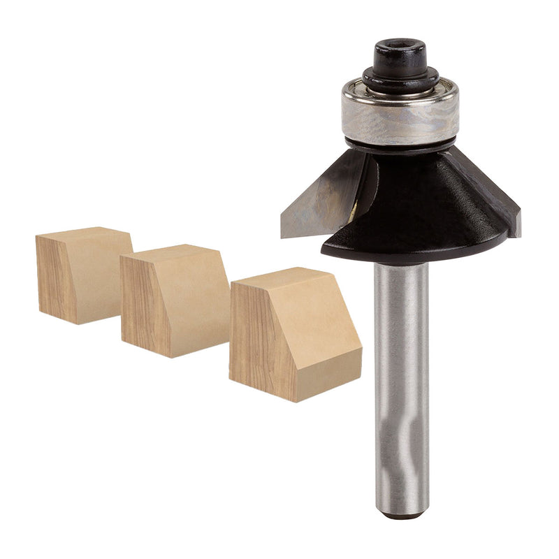 Mũi phay vát mép xiên có ổ bi hệ mét Makita cốt 6mm, đường kính hiệu dụng 23mm-26mm, góc vát từ 45°-60° ( Cấp 3 sao )