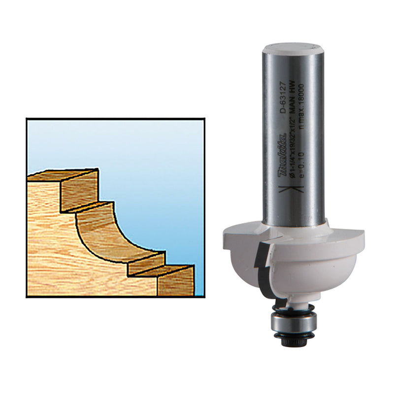 Mũi phay chỉ gỗ bo cạnh lõm có ổ bi hệ mét Makita cốt 6mm, đường kính hiệu dụng 22mm ( Cấp 3 sao )
