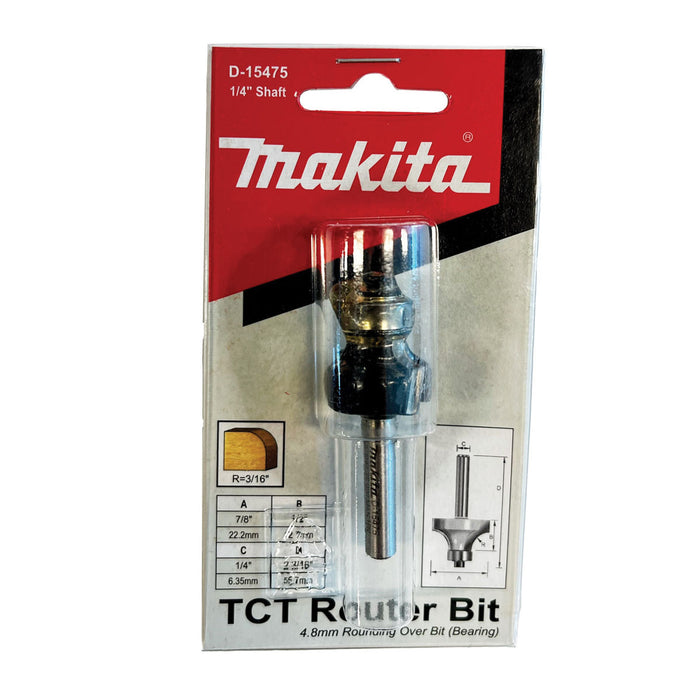 Mũi phay bo cạnh tròn có ổ bi hệ inch Makita D-15475 cốt 1/4 inch, đường kính hiệu dụng 7/8 inch ( Cấp 3 sao )