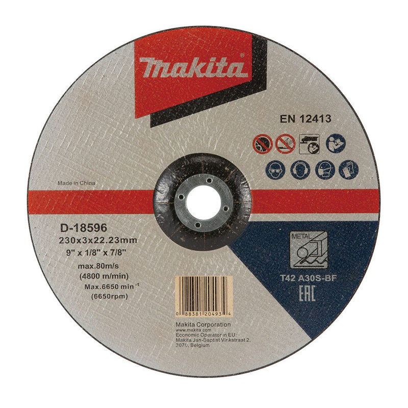 Đá cắt kim loại 230mm ( 9 inch ) Makita D-18596 dày 3mm, lỗ cốt 22.23mm ( 7/8 inch ) tâm trũng ( Cấp 2 sao )
