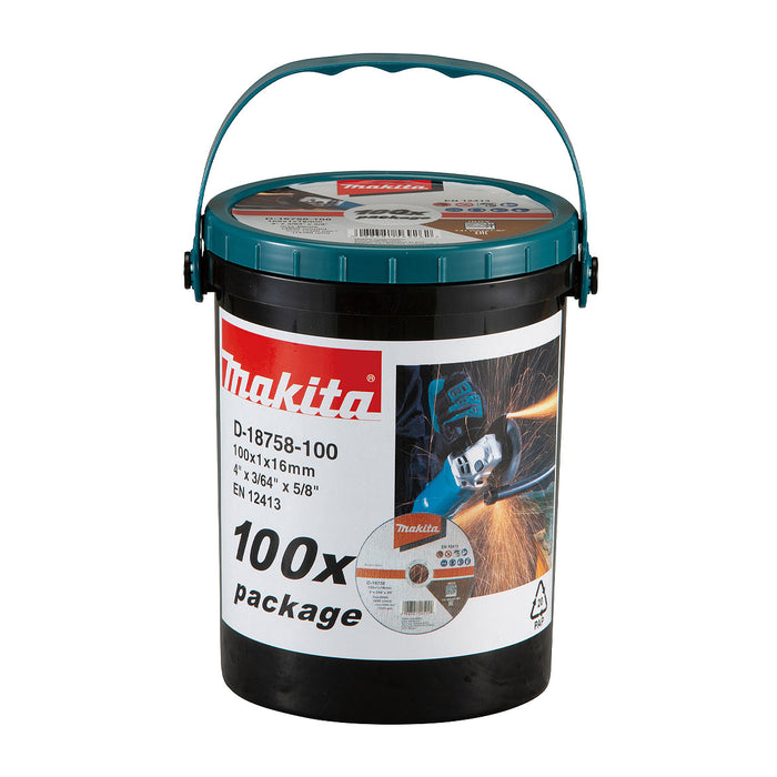 Hộp 100 lưỡi đá cắt Inox 100mm ( 4 inch ) Makita D-18758-100 dày 1mm, lỗ cốt 16mm ( 5/8 inch ) đĩa phẳng ( Cấp 2 sao )