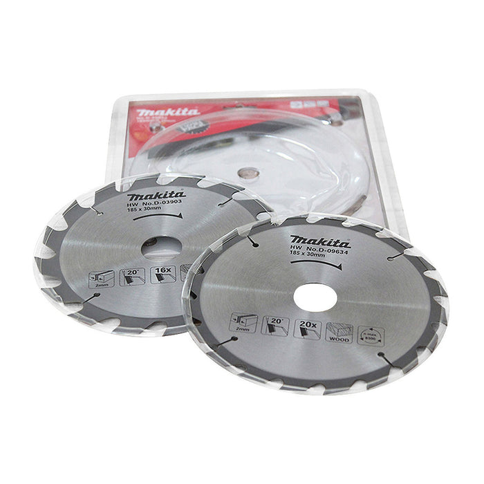 Hộp 2 lưỡi cưa gỗ TCT Makita dòng sản phẩm kinh tế đường kính 185mm, số răng từ 16-40 kiểu ATB, lỗ cốt 20mm và 30mm, dùng cho máy cưa đĩa ( Cấp 2 sao )