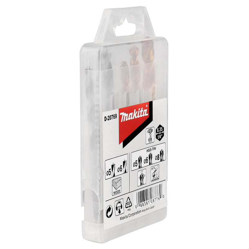 Bộ mũi khoan kim loại, gỗ HSS-TiN 5 chi tiết Makita D-20769 kích thước từ 5mm - 8mm, đuôi lục giác 6.35mm ( 1/4 inch )