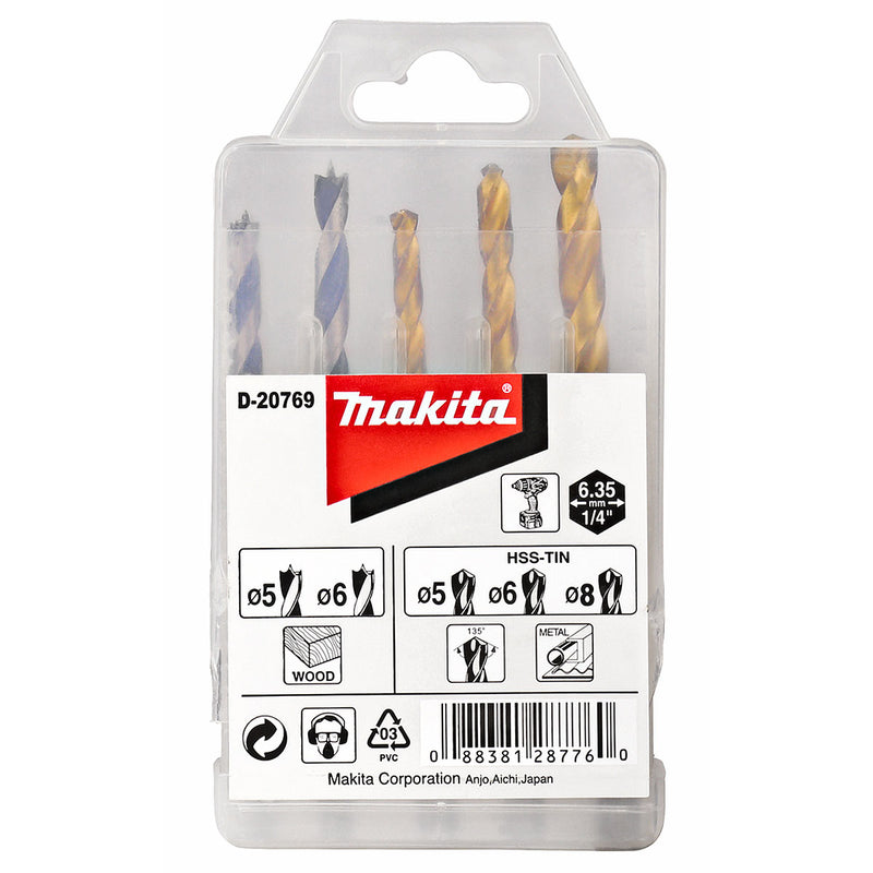 Bộ mũi khoan kim loại, gỗ HSS-TiN 5 chi tiết Makita D-20769 kích thước từ 5mm - 8mm, đuôi lục giác 6.35mm ( 1/4 inch )