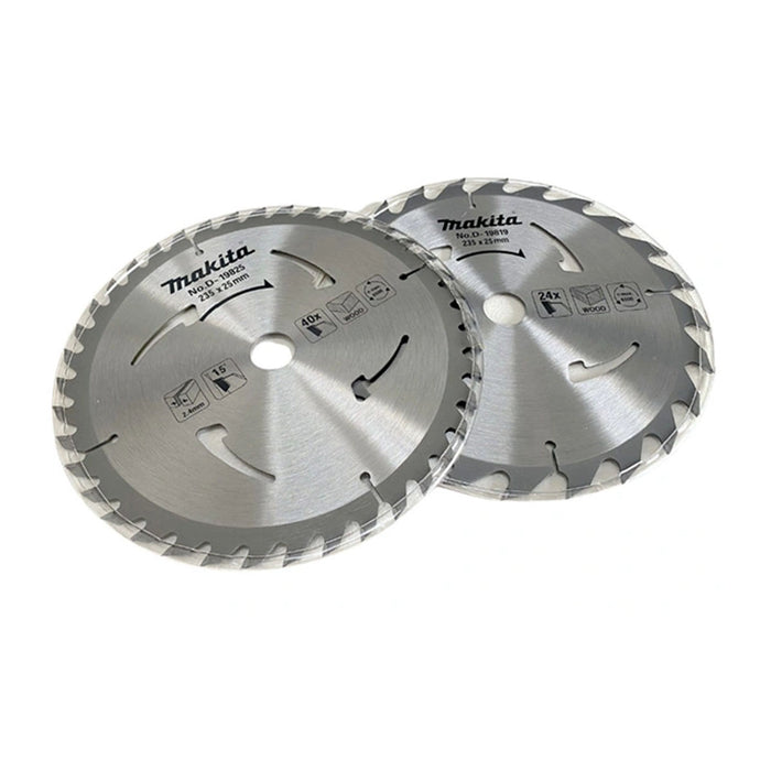 Hộp 2 lưỡi cưa gỗ TCT Makita D-21319 đường kính 235mm, 24 răng và 40 răng kiểu ATB lỗ cốt 25mm dùng cho máy cưa đĩa ( Cấp 2 sao )