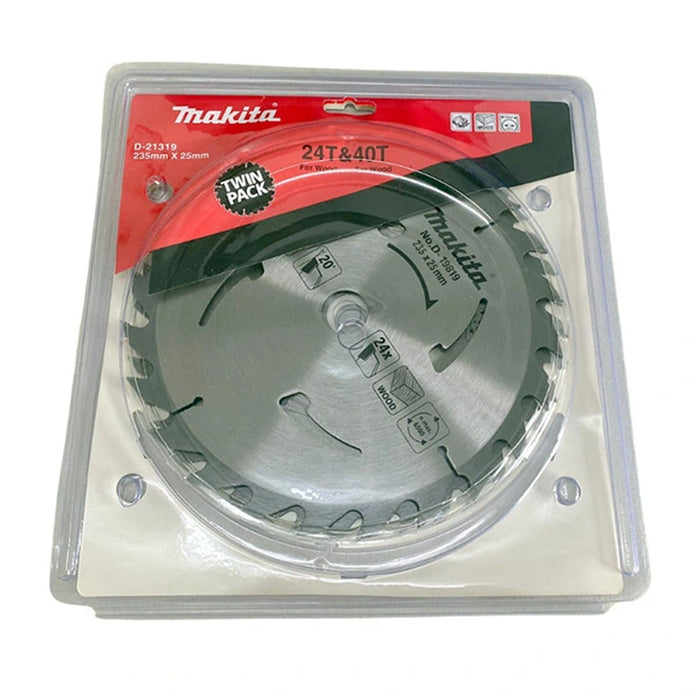 Hộp 2 lưỡi cưa gỗ TCT Makita D-21319 đường kính 235mm, 24 răng và 40 răng kiểu ATB lỗ cốt 25mm dùng cho máy cưa đĩa ( Cấp 2 sao )