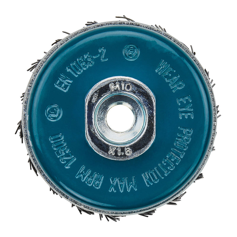 Chổi cước kim loại hình chén, sợi xoắn có đai kim loại tăng độ bền Makita D-24147 đường kính 60mm, cốt M10 dùng cho các máy mài góc 100mm ( Cấp 2 sao )