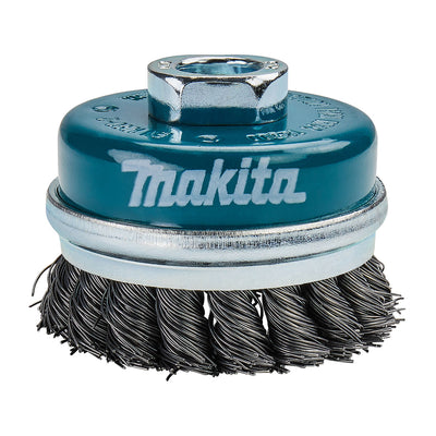 Chổi cước kim loại hình chén, sợi xoắn có đai kim loại tăng độ bền Makita D-24147 đường kính 60mm, cốt M10 dùng cho các máy mài góc 100mm ( Cấp 2 sao )