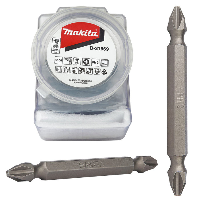 Hộp 100 mũi vặn vít 2 đầu bake Makita D-31669 kích thước PH2 x 65mm, đuôi lục giác 6.35mm (1/4 inch)