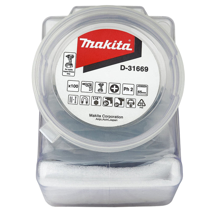 Hộp 100 mũi vặn vít 2 đầu bake Makita D-31669 kích thước PH2 x 65mm, đuôi lục giác 6.35mm (1/4 inch)