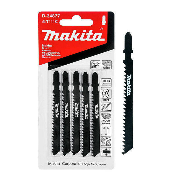 Hộp 5 lưỡi cưa lọng HCS dòng sản phẩm kinh tế Makita D-34877 dùng cho gỗ, số răng 8 TPI, chiều dài 100mm, đuôi gài kiểu B ( Cấp 2 sao )