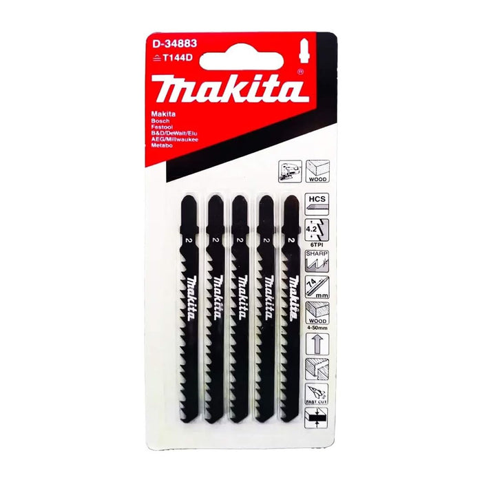 Hộp 5 lưỡi cưa lọng HCS dòng sản phẩm kinh tế Makita dùng cho gỗ, nhựa số răng 6 TPI, chiều dài 100mm, đuôi gài kiểu B ( Cấp 2 sao )