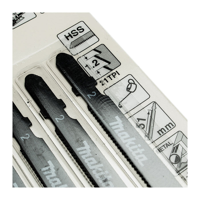 Hộp 5 lưỡi cưa lọng HSS dòng sản phẩm kinh tế Makita D-34908 dùng cho kim loại, số răng 21 TPI, chiều dài 75mm, đuôi gài kiểu B ( Cấp 2 sao )