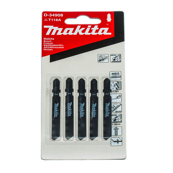 Hộp 5 lưỡi cưa lọng HSS dòng sản phẩm kinh tế Makita D-34908 dùng cho kim loại, số răng 21 TPI, chiều dài 75mm, đuôi gài kiểu B ( Cấp 2 sao )