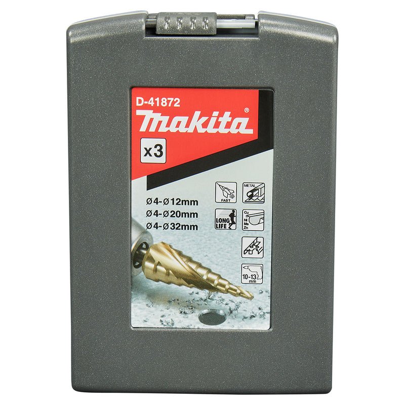 Bộ mũi khoan tháp xoắn ốc 3 chi tiết Makita D-41872 kích thước từ 4mm - 32mm, đuôi lục giác 6.35mm ( 1/4 inch )