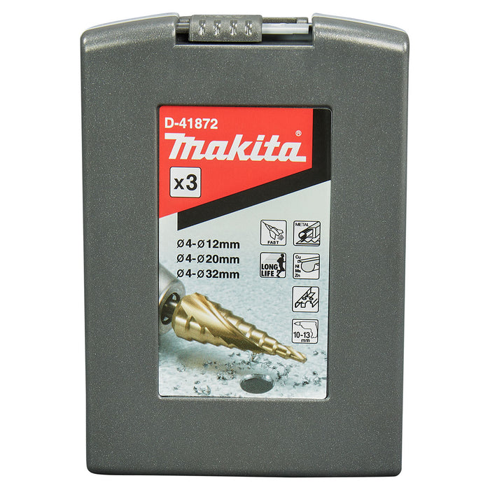 Bộ mũi khoan tháp xoắn ốc 3 chi tiết Makita D-41872 kích thước từ 4mm - 32mm, đuôi lục giác 6.35mm ( 1/4 inch )