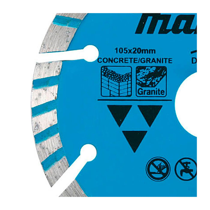 Lưỡi cắt kim cương 105mm kiểu răng gợn sóng phân đoạn Makita D-42581 dùng cho bê tông, đá hoa cương lỗ cốt 20mm, cắt khô ( Cấp 1 sao )