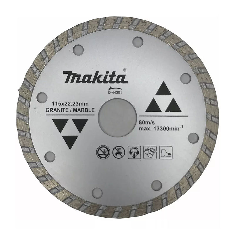 Lưỡi cắt kim cương 115mm kiểu răng gợn sóng Makita D-44301 dùng cho đá hoa cương, đá cẩm thạch lỗ cốt 22.23mm, cắt khô ( Cấp 1 sao )
