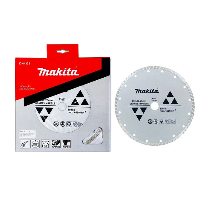 Lưỡi cắt kim cương 230mm kiểu răng gợn sóng Makita D-44323 dùng cho đá hoa cương, đá cẩm thạch lỗ cốt 22.23mm, cắt khô ( Cấp 1 sao )