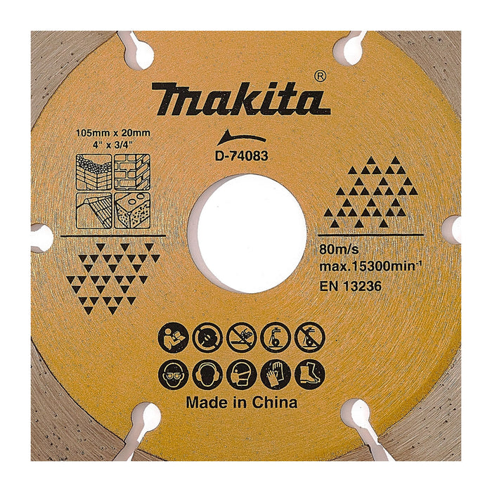 Lưỡi cắt kim cương 105mm kiểu răng phân đoạn Makita dùng cho bê tông, gạch, đá lỗ cốt 20mm, cắt khô & nước đạt tiêu chuẩn EN13236 ( Cấp 3 sao )