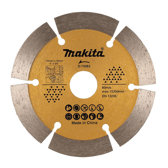 Lưỡi cắt kim cương 105mm kiểu răng phân đoạn Makita dùng cho bê tông, gạch, đá lỗ cốt 20mm, cắt khô & nước đạt tiêu chuẩn EN13236 ( Cấp 3 sao )