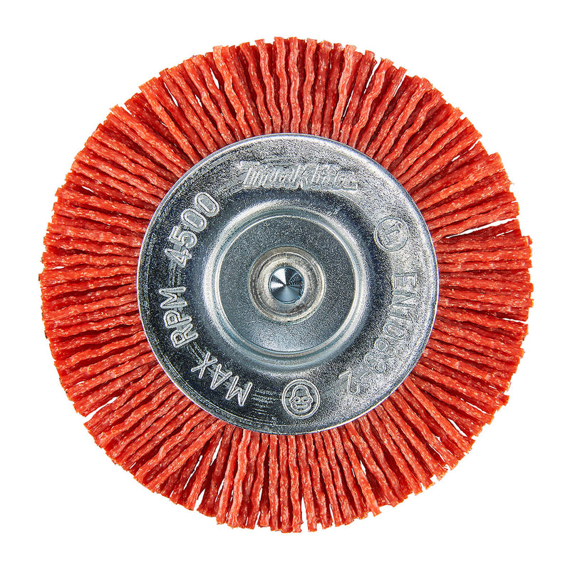 Chổi nylon hình bánh xe Makita đường kính 75mm, trục cốt 6mm, loại đánh thô và đánh hoàn thiện mịn đẹp dùng cho máy khoan ( Cấp 2 sao )