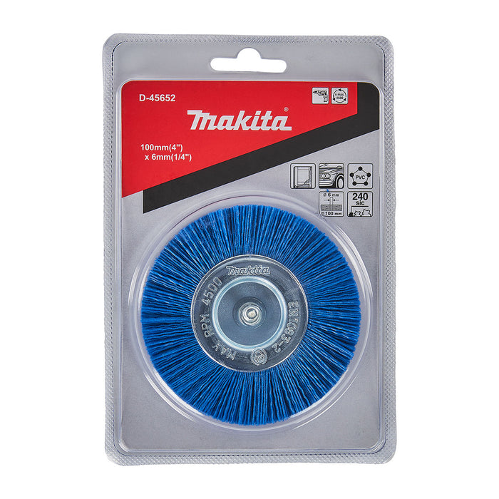 Chổi nylon hình bánh xe Makita đường kính 100mm, trục cốt 6mm, loại đánh thô và đánh hoàn thiện mịn đẹp dùng cho máy khoan ( Cấp 2 sao )