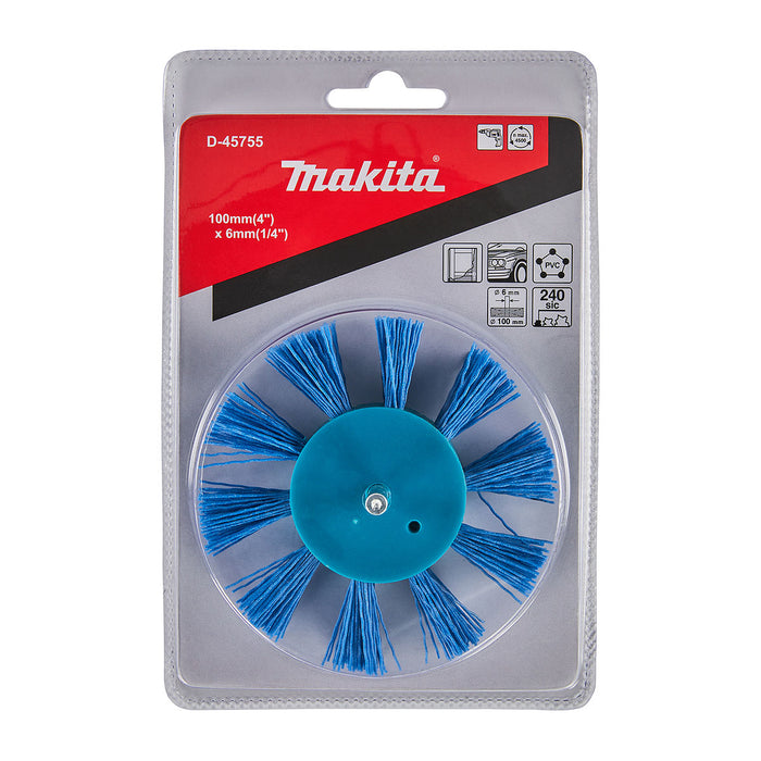 Chổi nylon đế vành Makita đường kính 100mm, trục cốt 6mm loại đánh thô và đánh hoàn thiện mịn đẹp dùng cho máy khoan ( Cấp 2 sao )