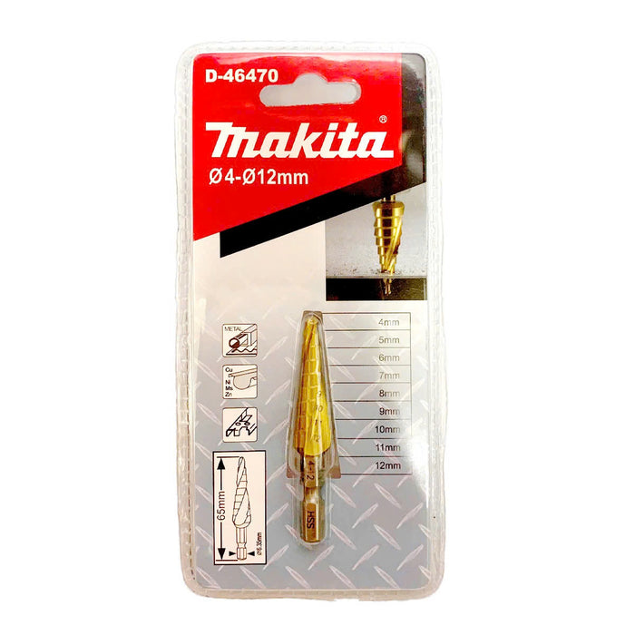 Mũi khoan tháp rãnh xoắn ốc Makita đuôi lục giác 6.35mm (1/4 inch), bề mặt phủ Ti-tan đường kính từ 4mm-20mm