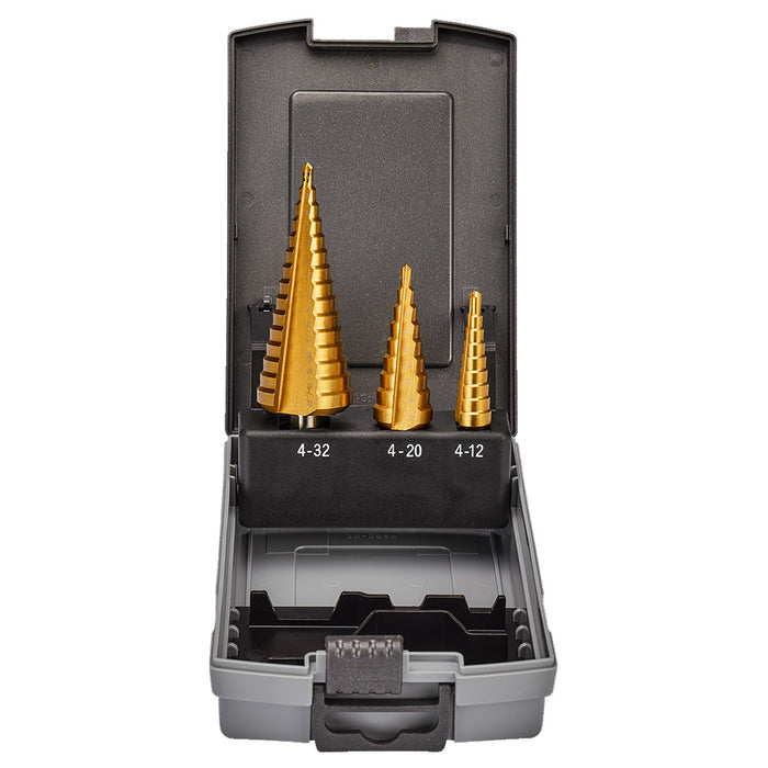 Bộ mũi khoan tháp rãnh thẳng 3 chi tiết Makita D-46573 kích thước từ 4mm - 32mm, đuôi lục giác 6.35mm ( 1/4 inch )