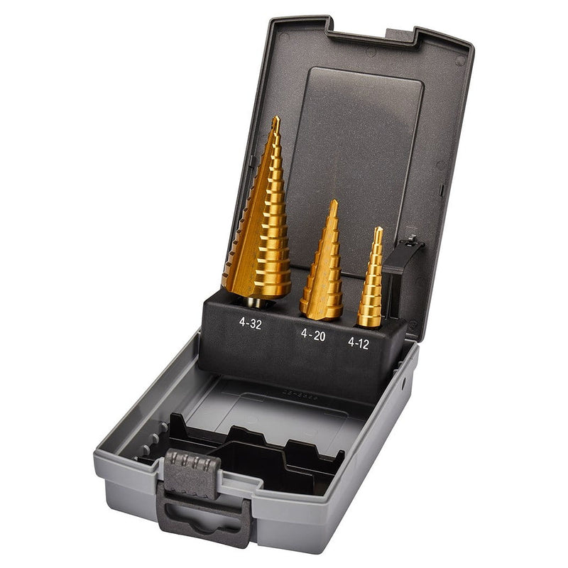 Bộ mũi khoan tháp rãnh thẳng 3 chi tiết Makita D-46573 kích thước từ 4mm - 32mm, đuôi lục giác 6.35mm ( 1/4 inch )