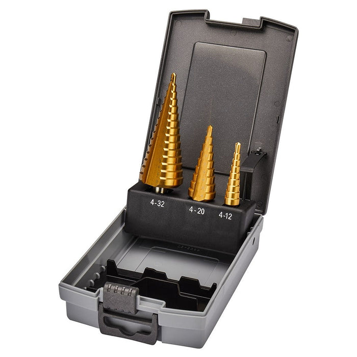 Bộ mũi khoan tháp rãnh thẳng 3 chi tiết Makita D-46573 kích thước từ 4mm - 32mm, đuôi lục giác 6.35mm ( 1/4 inch )