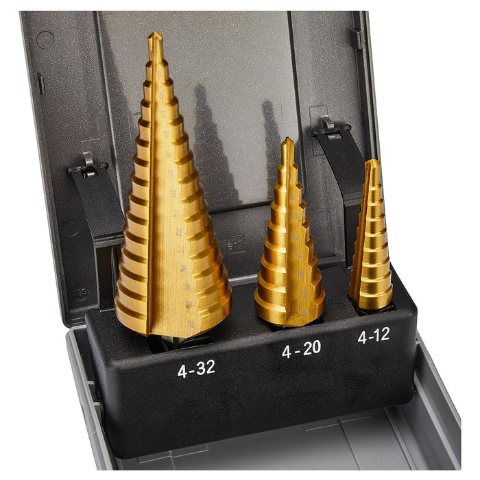 Bộ mũi khoan tháp rãnh thẳng 3 chi tiết Makita D-46573 kích thước từ 4mm - 32mm, đuôi lục giác 6.35mm ( 1/4 inch )