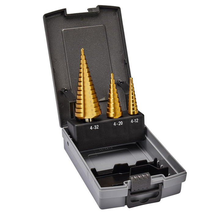 Bộ mũi khoan tháp rãnh thẳng 3 chi tiết Makita D-46573 kích thước từ 4mm - 32mm, đuôi lục giác 6.35mm ( 1/4 inch )