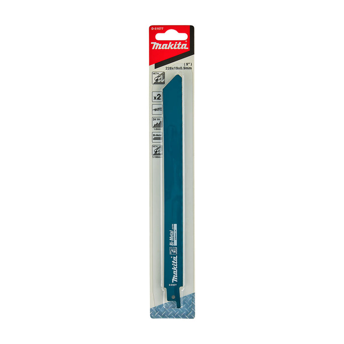 Vĩ 2 lưỡi cưa kiếm Bi-Metal Makita D-51677 dòng sản phẩm kinh tế, dùng cho kim loại số răng 24 TPI, chiều dài 225mm ( Cấp 2 sao )