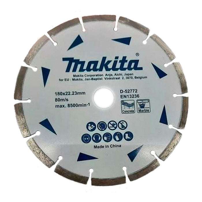 Lưỡi cưa kim cương 180mm kiểu răng phân đoạn Makita D-52772 dùng cho bê tông, đá cẩm thạch, lỗ cốt 22.23mm, cắt khô,  đạt tiêu chuẩn EN13236 ( Cấp 1 sao )